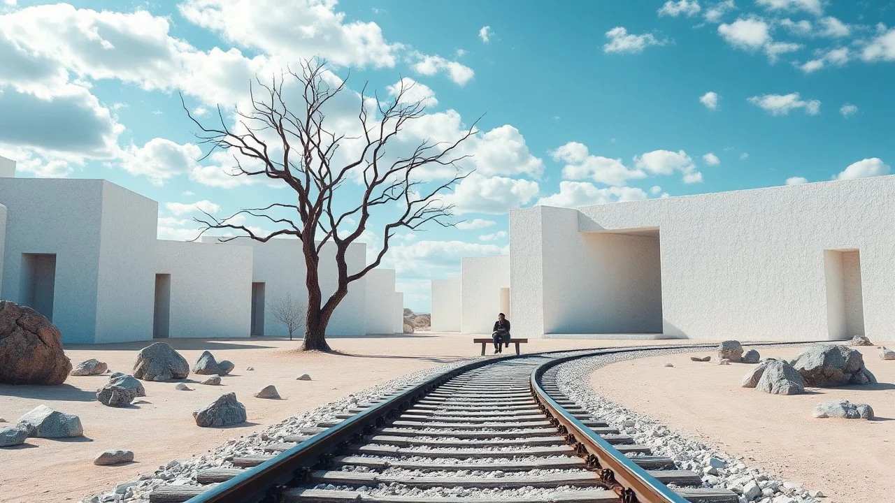 The image depicts a surreal, minimalist landscape featuring abstract architectural structures with a white textured surface. A prominent barren tree stands amidst the buildings, and a figure sits on a bench in the foreground. There are railway tracks leading into the scene, surrounded by rocks and sand, under a blue sky with scattered clouds.