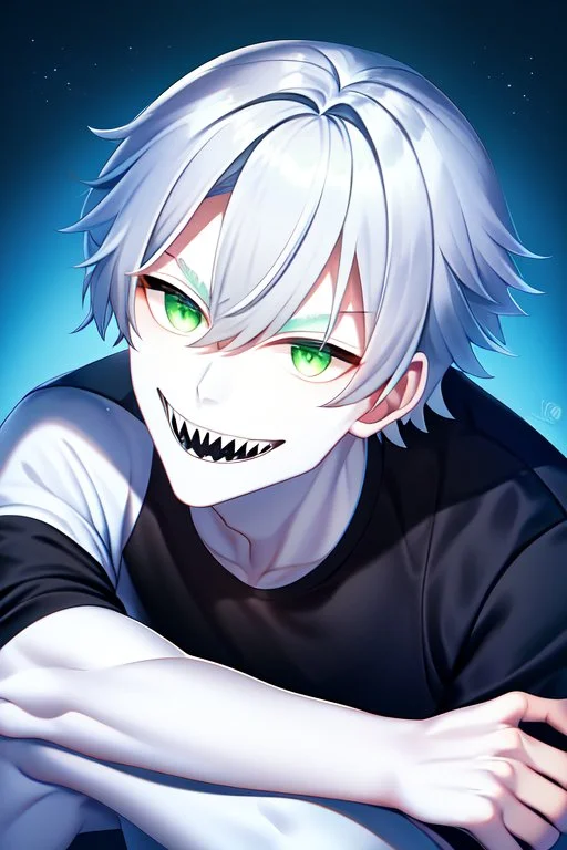 plauge doctor in balck leather clothes with silver hair, pale skin and bright green eyes smiling with sharp teeth, nice young face, male, viscious smile