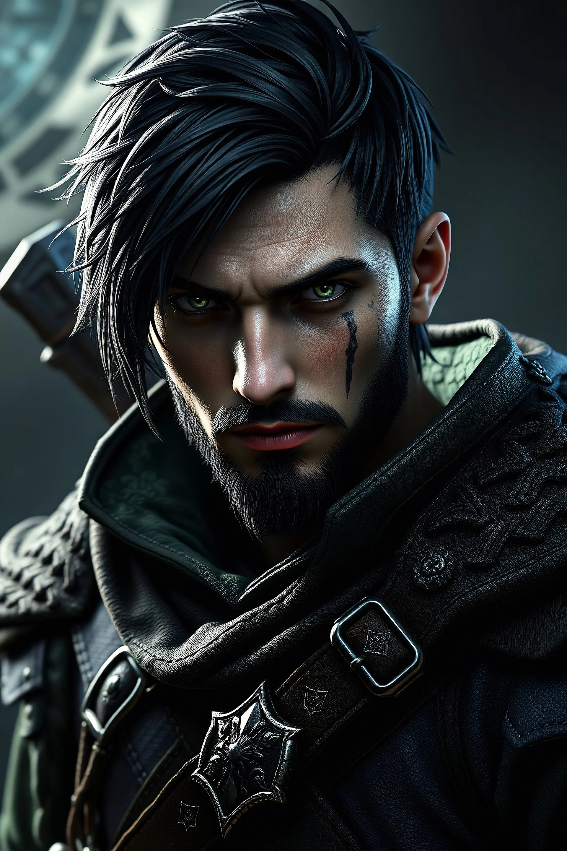 young male ranger, black & green leather, black hair, silver eyes, short trimmed beard, slim vertical laceration over right eye, 8k resolution, dark fantasy concept art, as on Deviantart, dynamic lighting, hyperdetailed, intricately detailed, trending on Artstation, deep color, Unreal Engine, volumetric lighting, complementary