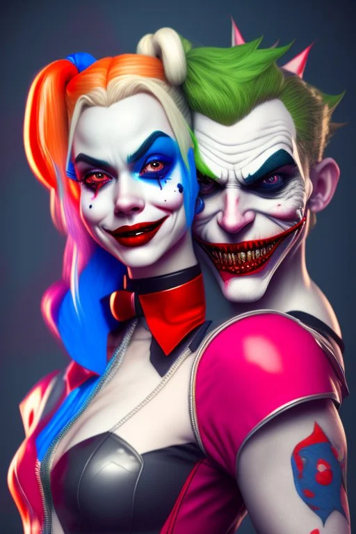 Harley Quinn and joker, high delicate defined details, beautiful, atmospheric, matte, 3 d 8 k octane rendered, sharp focus, illustration, high detail, ultra realistic, highly saturated colors