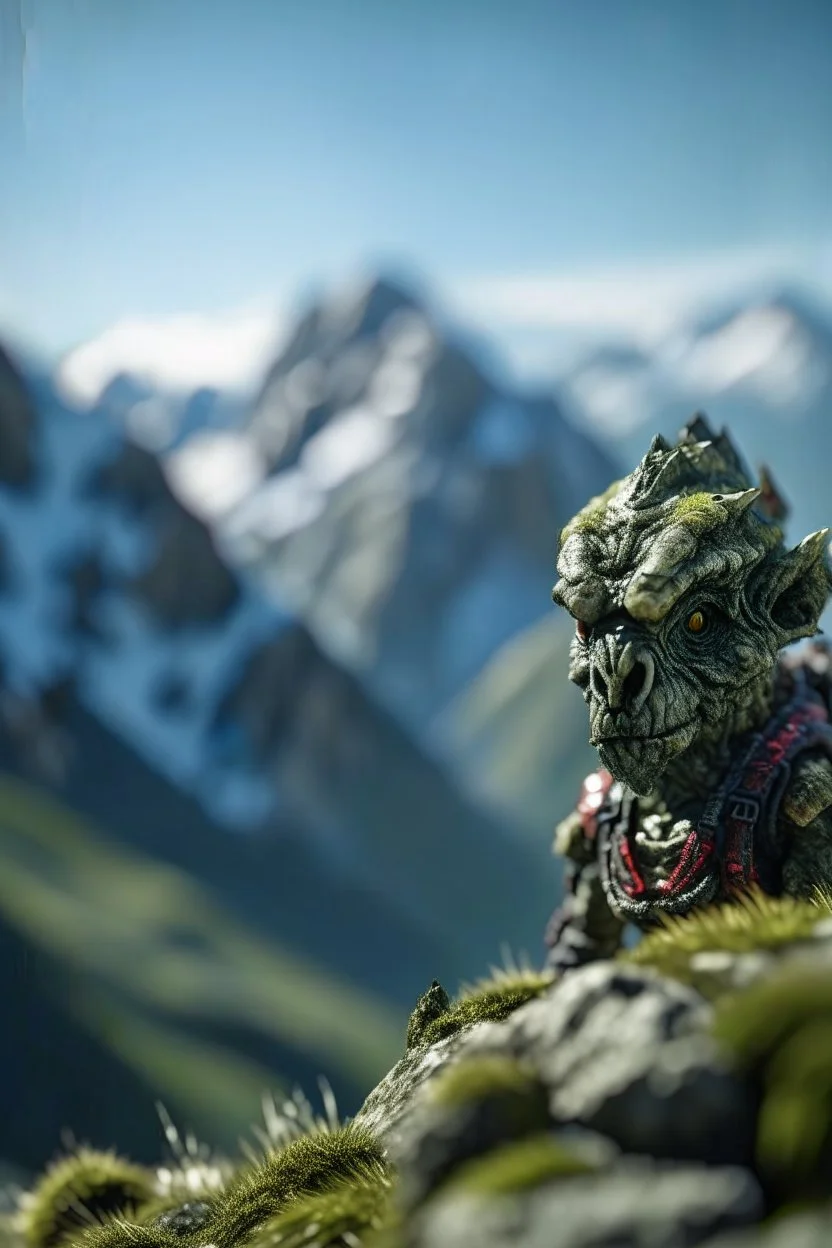 portrait of dope d.o.d in the Alps on mountain top, with rock giant creature in the background,shot on Hasselblad h6d-400c, zeiss prime lens, bokeh like f/0.8, tilt-shift lens 8k, high detail, smooth render, down-light, unreal engine, prize winning