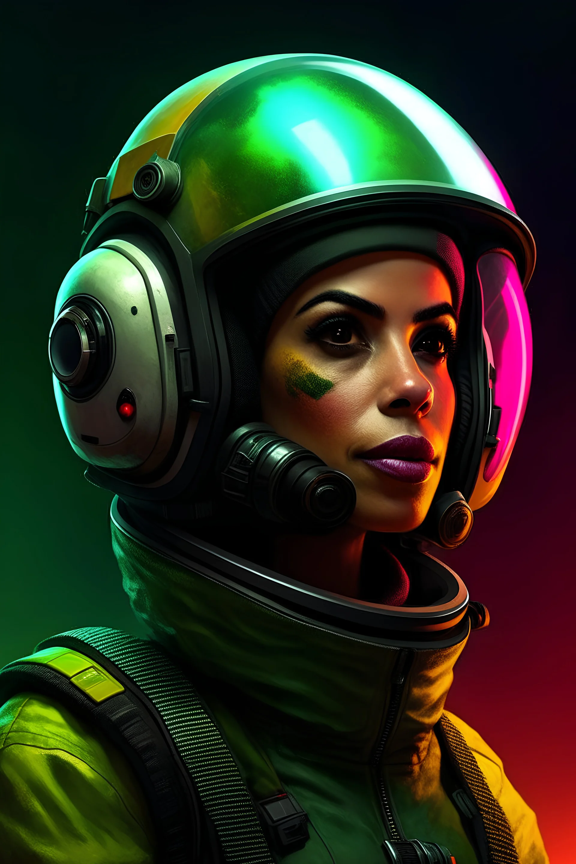 A DIGITAL ART portrait of a sci-fi pilot woman. She is 30 years old. She has a pilot helmet. She is brave and fearless.