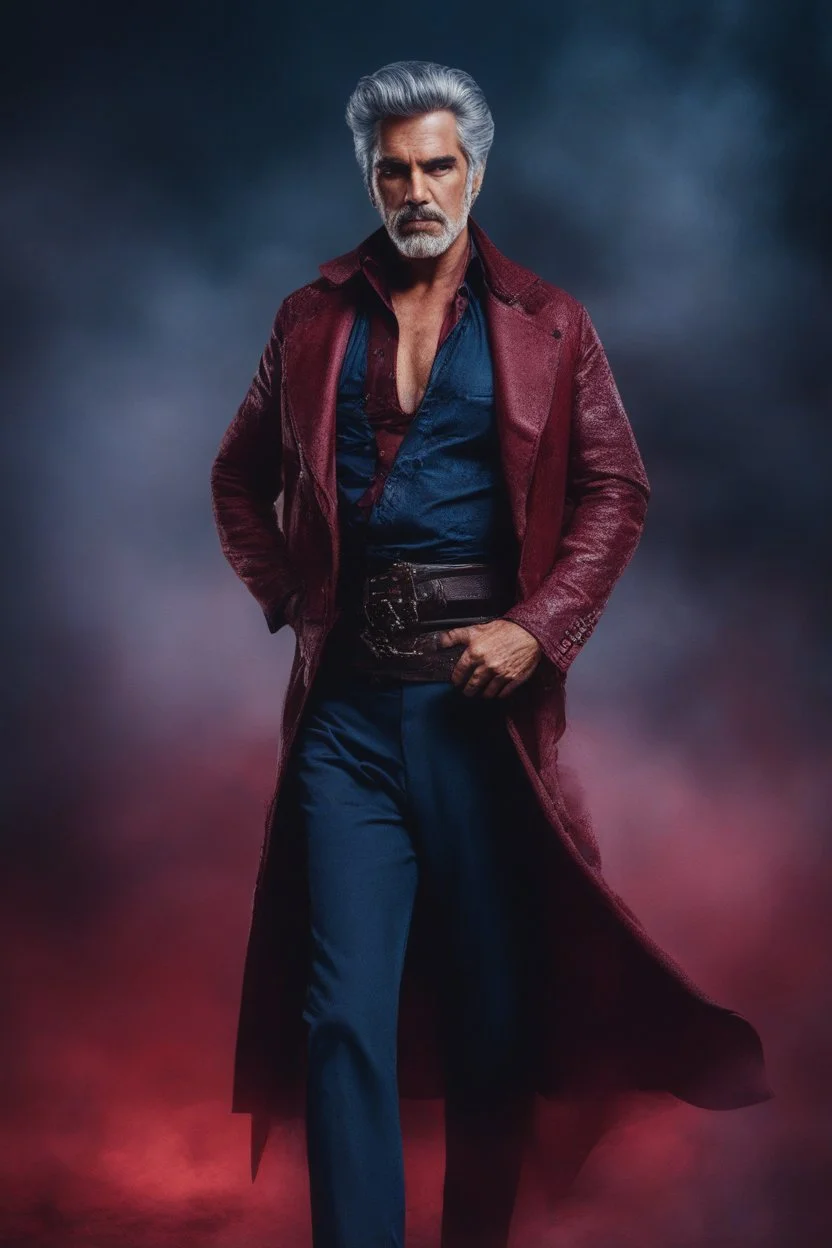 full body portrait - Elvis Sam Elliot - 32k, UHD, 1080p, 8 x 10, glossy professional quality digital photograph - dark blue and dark red, and light maroon and purple and foggy black gradated background, historic, powerful, octane rendering, exquisite detail, 30 - megapixel, 4k, 85 - mm - lens, sharp - focus, intricately - detailed, long exposure time, f8, ISO 100, shutter - speed 1125, diffuse - back - lighting, ((skin details, high detailed skin texture)), (((perfect face))),