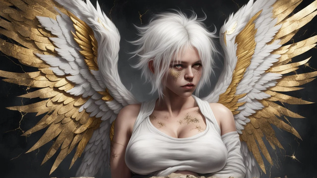 Punk, Angel, pregnant, portrait, white hair, golden wings, old canvas, torn cracks, mystical, fine rendering, high detail, 8K