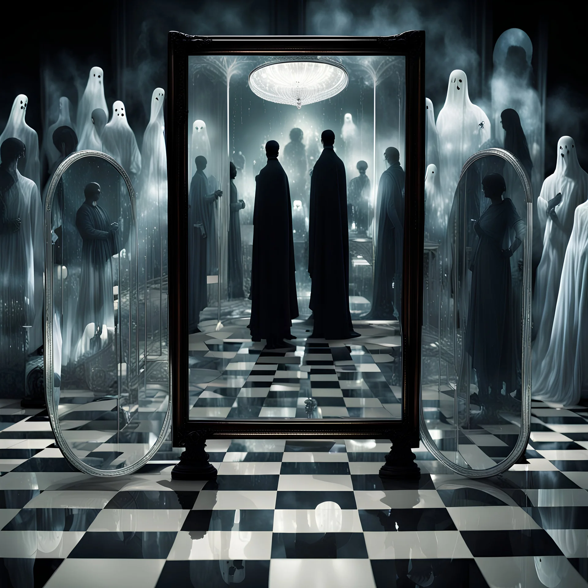 there are many transparent silhouettes superimposed on each other,Through the looking glass,ghosts,lots of mirrors,from a mirror mazayka, the variety of characters represented