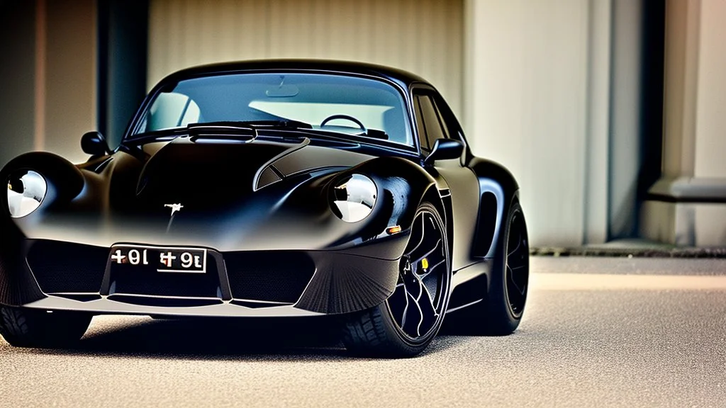 Photograph of a gorgeous and expensive, oldschool black sports car with a big, black front grill, realistic, stylish, taken up close from the front of the car.