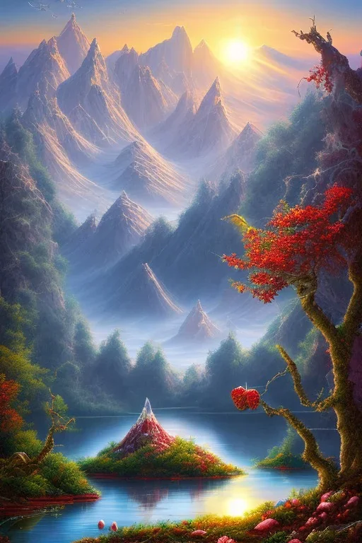 mountain with strawberry ice-cream on top, lake, trees, mystical, Post-painterly abstraction