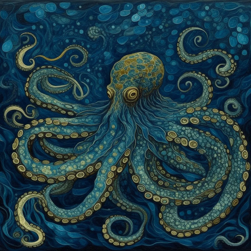 A dark blue water elemental octopus painted by Vincent van Gogh