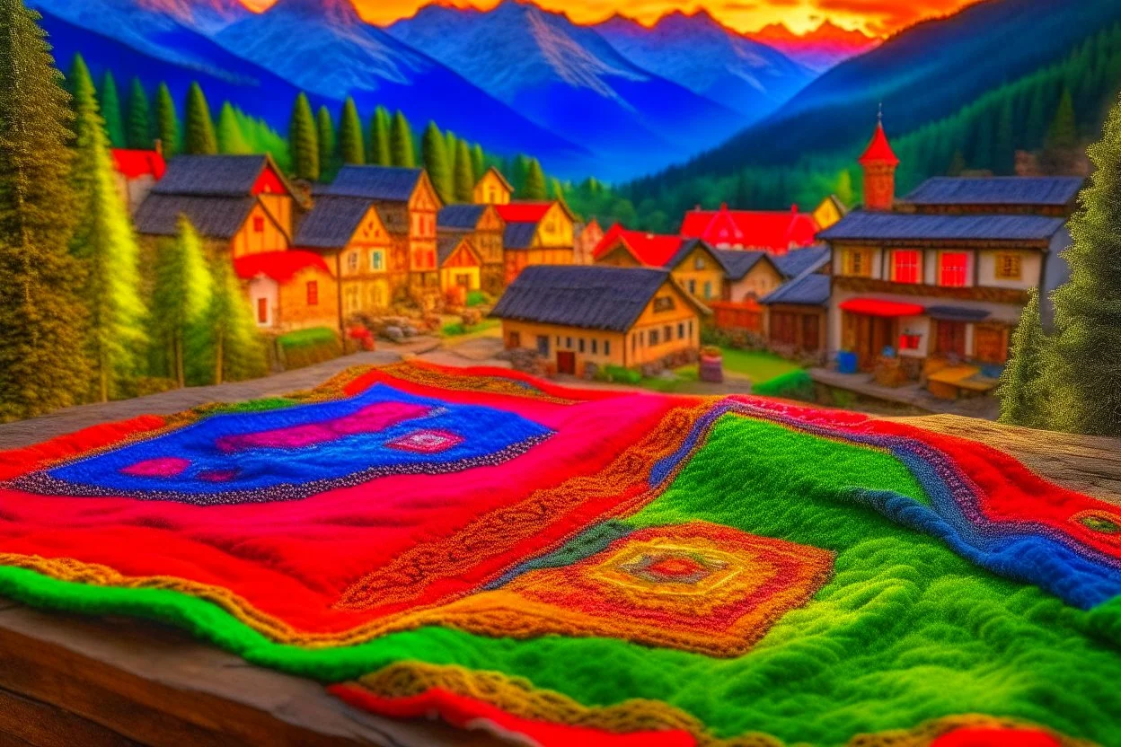 Hand sewn and embroidered extremely cute Austrian mountain village, threads, sewing needles on a table on lace blanket in a luxury bedroom, centre, bold colours elegant fantasy 8k beautiful dynamic lighting award winning imperial colors hyperrealistic ultra detailed 4K 3D high definition crisp quality colourful hdr in sunshine