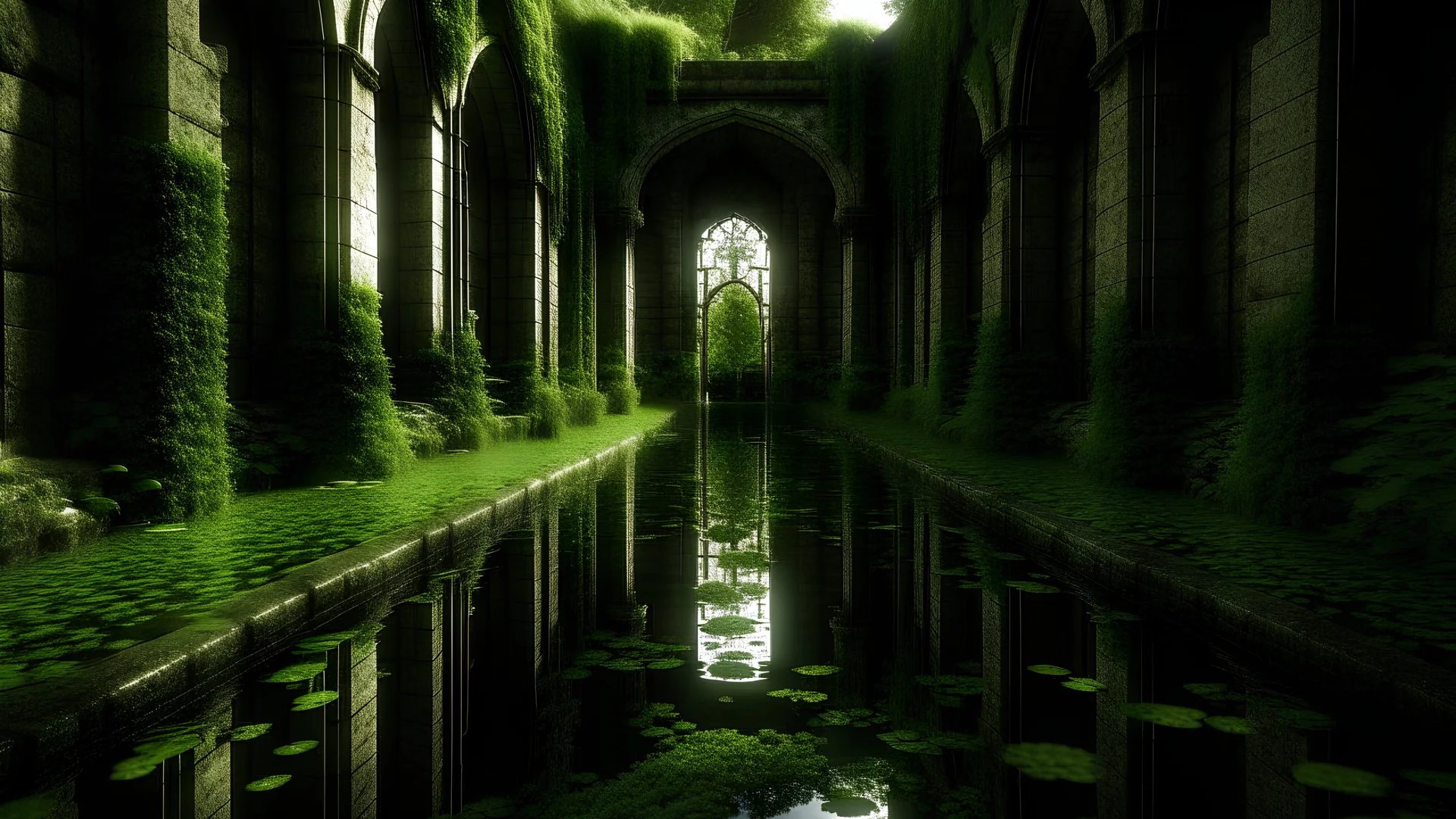 The Moat of Memory's Mirror is a vast, still expanse surrounded by ancient, ivy-covered stones, reflecting the past in its crystalline waters, untouched by the ravages of time.