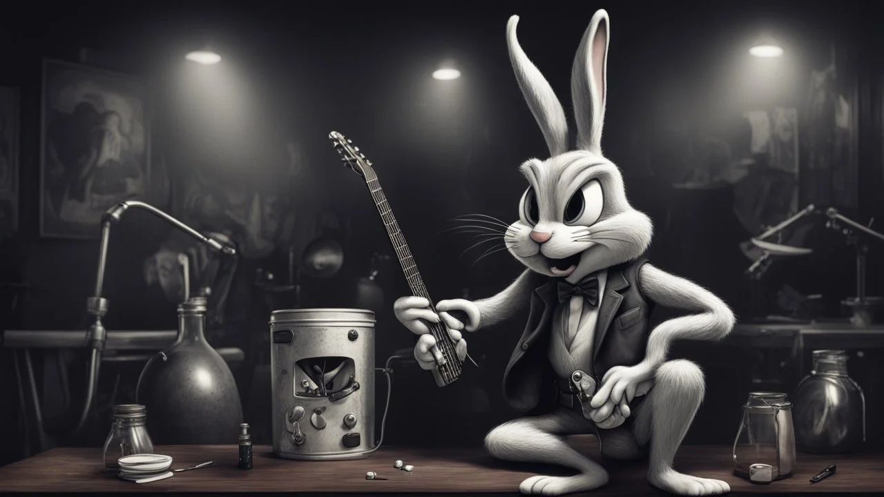 photorealistic deppressed dark melancholic sad Bugs bunny with blackeye deppressed doing music rock and roll dark heavy metal on a scene alcoholic, ciggaretes sad ciggarets