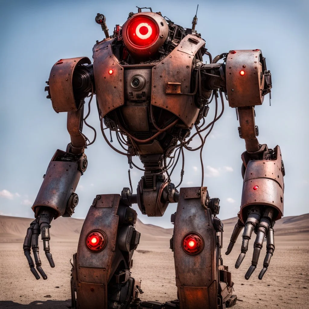 trash mech suit, human-sized, made of scrap metal, cockpit, light rust, round, one red glowing eye, loose wires, escape hatch