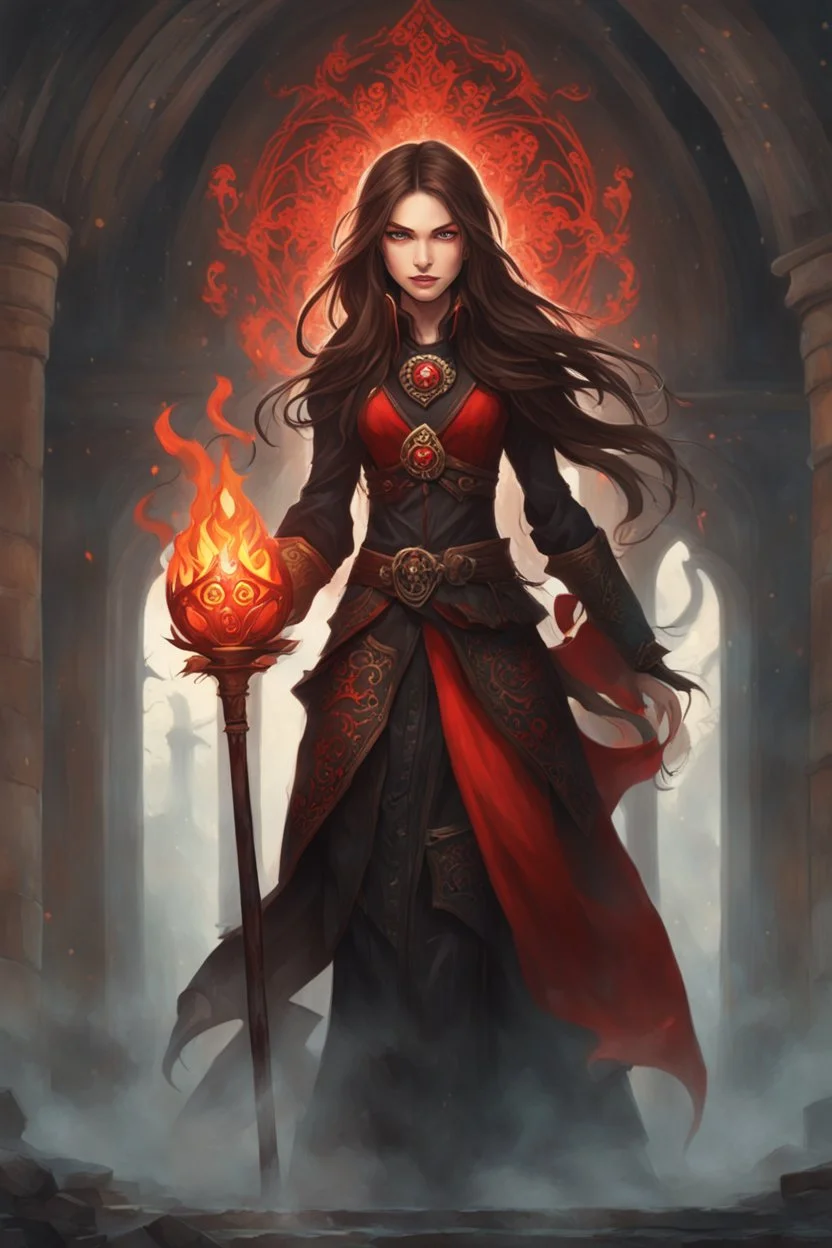 A confident looking young woman with pale skin and long brown hair in a fantasy setting with intricate details. She is wearing black and red, has red eyes, an air of malevolent power surrounds her. She is a fire mage. Anime style. High definition, Greg Rutkowski