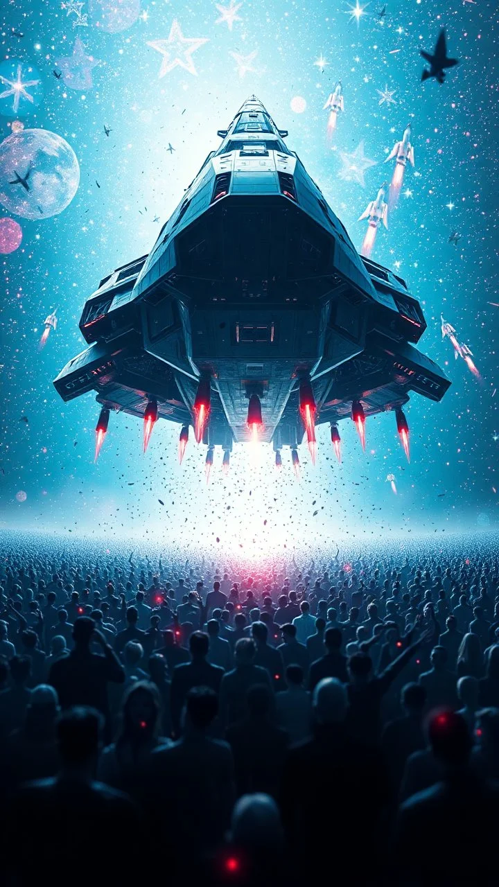 A field of random people in a bright lighting , at the end of the picture a huge complicated details texture of a blue dark colorful spaceship , lot of rockets and falling stars filling the picture