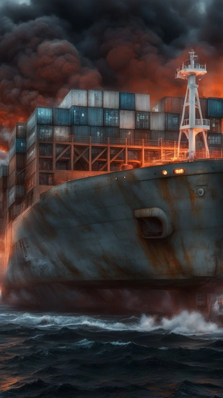 ,surrealism of the dark of a nightmare , hyper photorealistic, hyper detailed dark art color, high resolution, fog, octane render, tilt shift, HDRI Environment, all pictures dark gray, a submarine on fire
