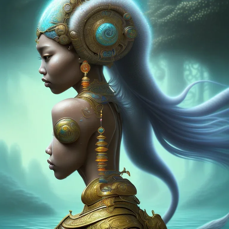 Sango fantasy, fantasy magic, intricate, sharp focus, illustration, highly detailed, digital painting, concept art, matte, art germ and Paul Lewin and Kehinde Wiley, masterpiece Japanese dancer head bronze eel' Asian African girl nice breast Thai hair turquoise silver blue under water