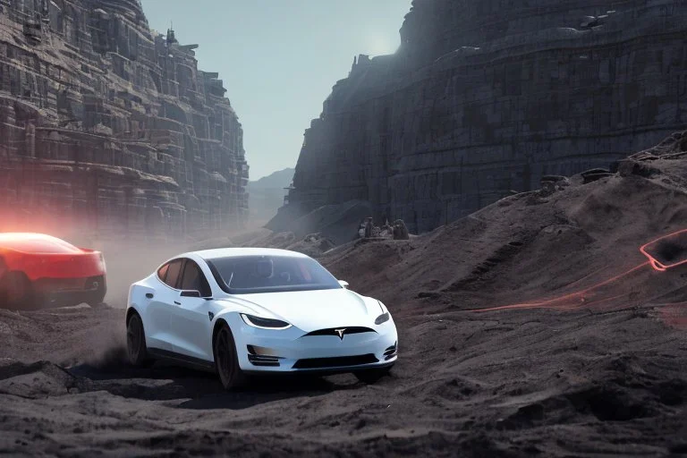 A Tesla 'Model Y' is racing at top speed, within the trench of the Death Star. (CINEMATIC, WIDE ANGLE LENS, PHOTO REAL)