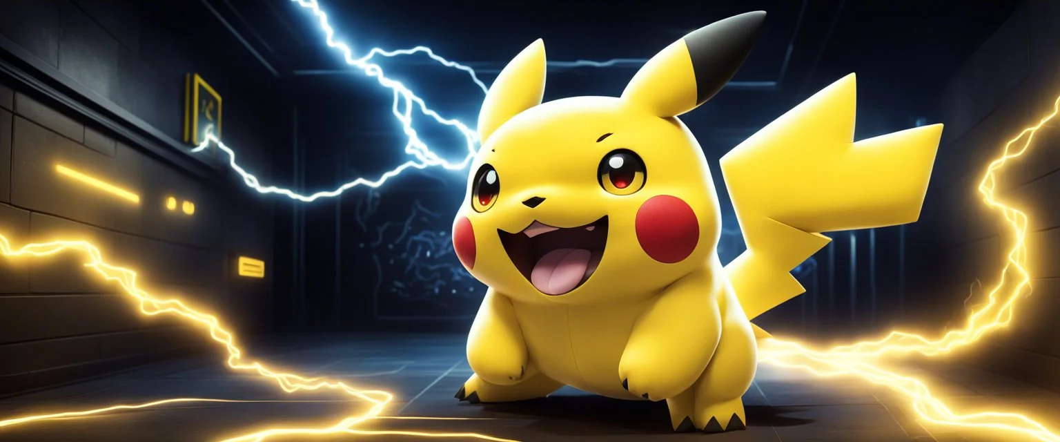 An electric Pokemon: Pikachu With Yellow Black Colors And A Zigzag Yellow Tail With angrily smiling and unleashing thunderbolt with electric waves from its back, At Dark Circuit room having yellow circuit patterned walls, at dark night Showing Dramatic AND Cinematic Ambiance.