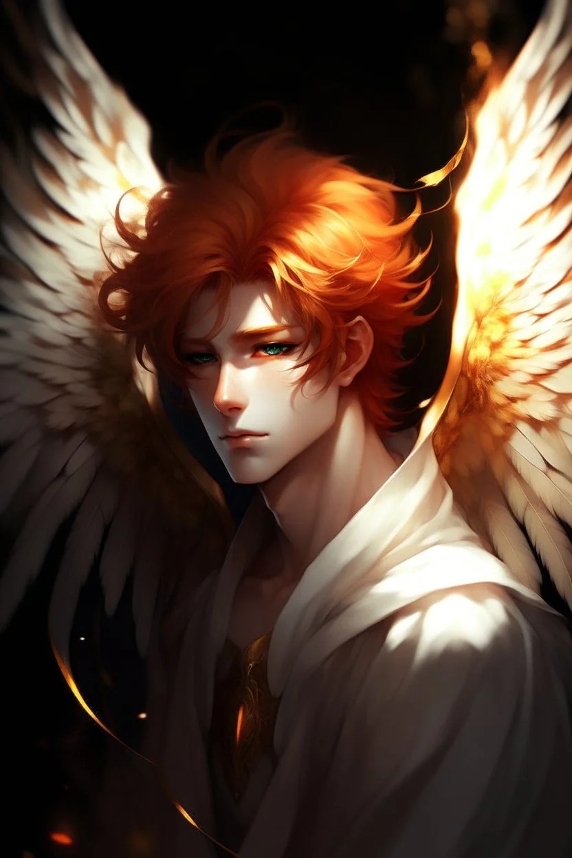 A male angel with messy red hair, gold eyes, and large white feathered wings that appear burned.