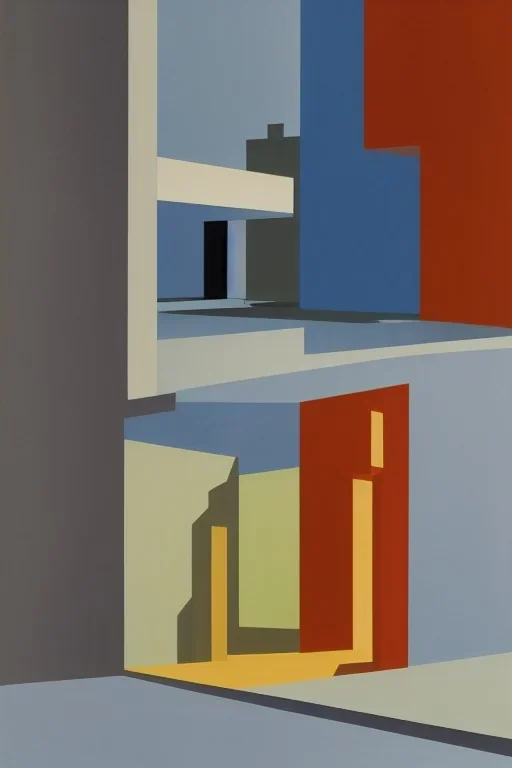 Colorful minimalist industrial interior bauhaus floors with monolithic pillars in the style of ridley scott and stanley kubrick, impossible stijl architecture, lone silhouette in the distance, ultra wide angle view, cinematic, god rays, volumetric lighting, realistic detailed painting by edward hopper