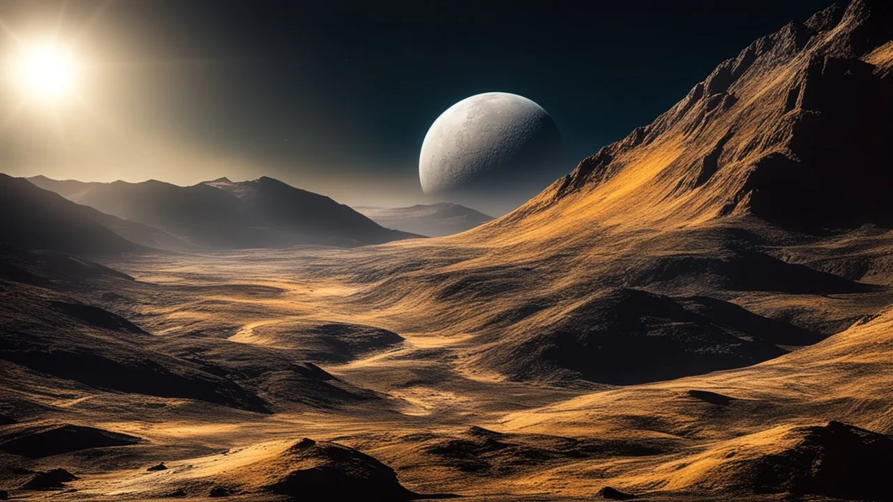 Mountainous landscape on the moon Io, dramatic sunlight, chiaroscuro, beautiful composition