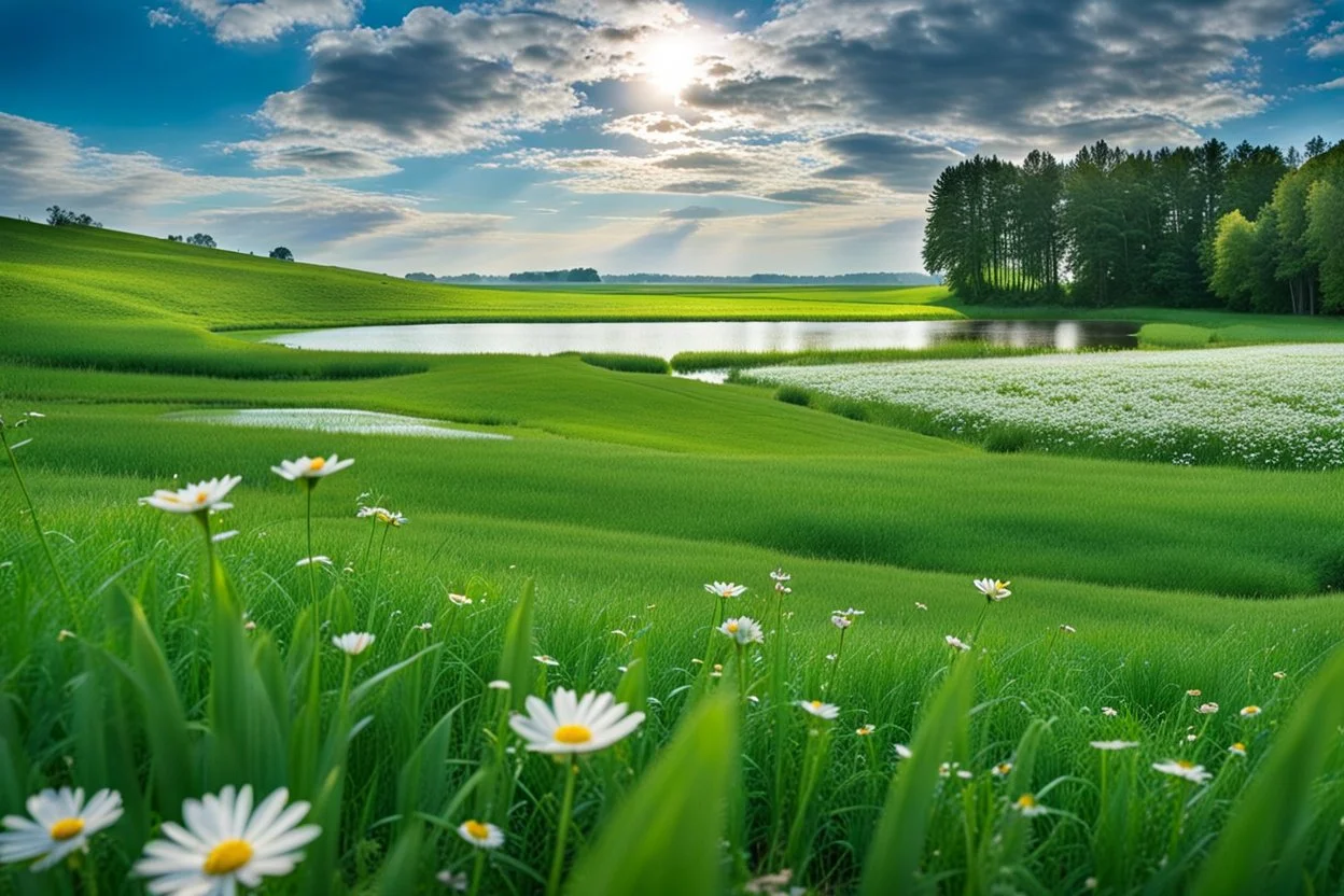 a big dance grass field in country side environment ,green field ,flowers , small river at distance,blue sky pretty clouds ,camera looking at horison