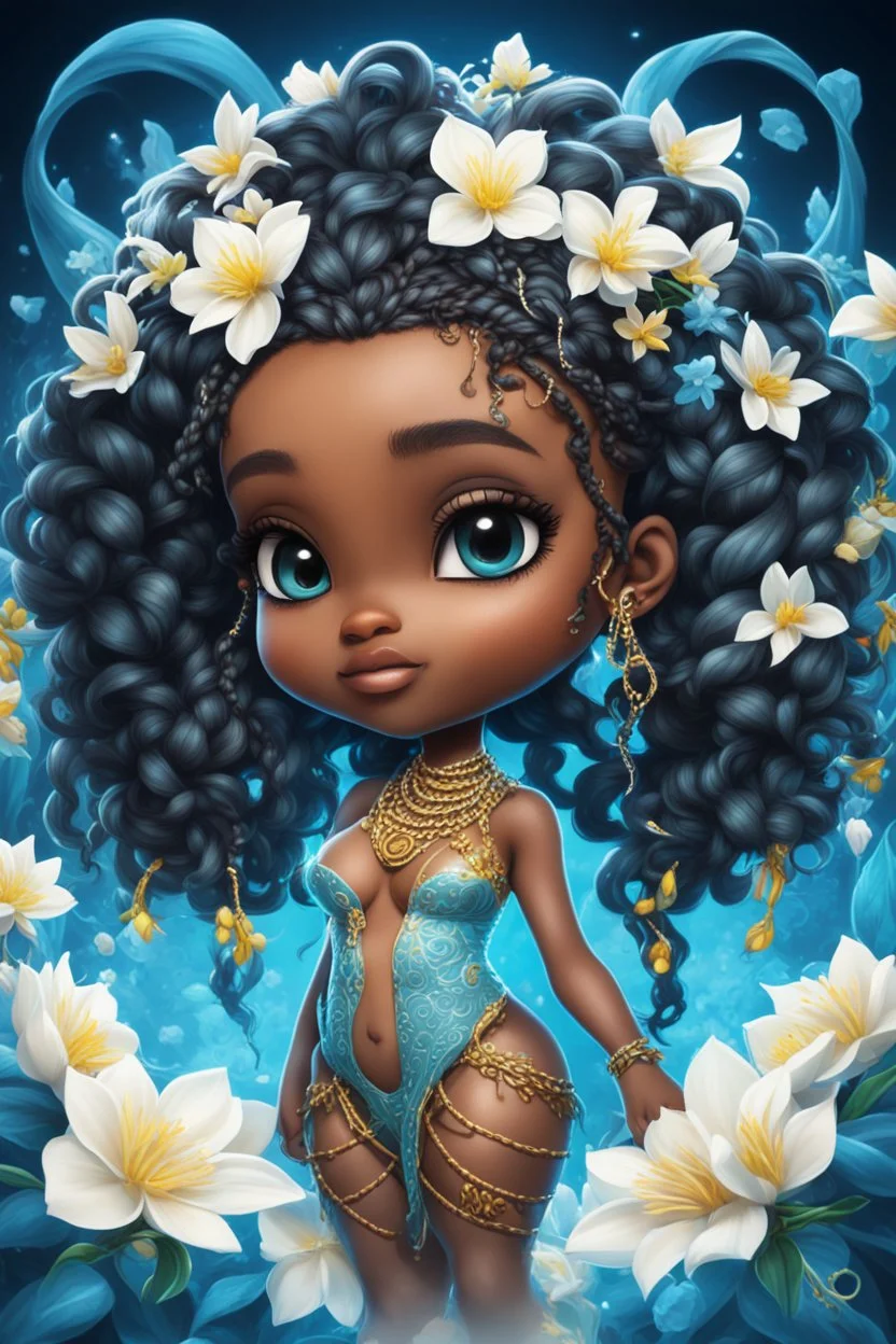 vibrant CYMATICS style art with airbrush, 4k, cartoon art image of a chibi Caribbean curvy female looking to the side with a Senegalese twists , prominent makeup with hazel eyes, highly detailed hair, background of AZURE and white jasmine flowers surrounding her , fantasy