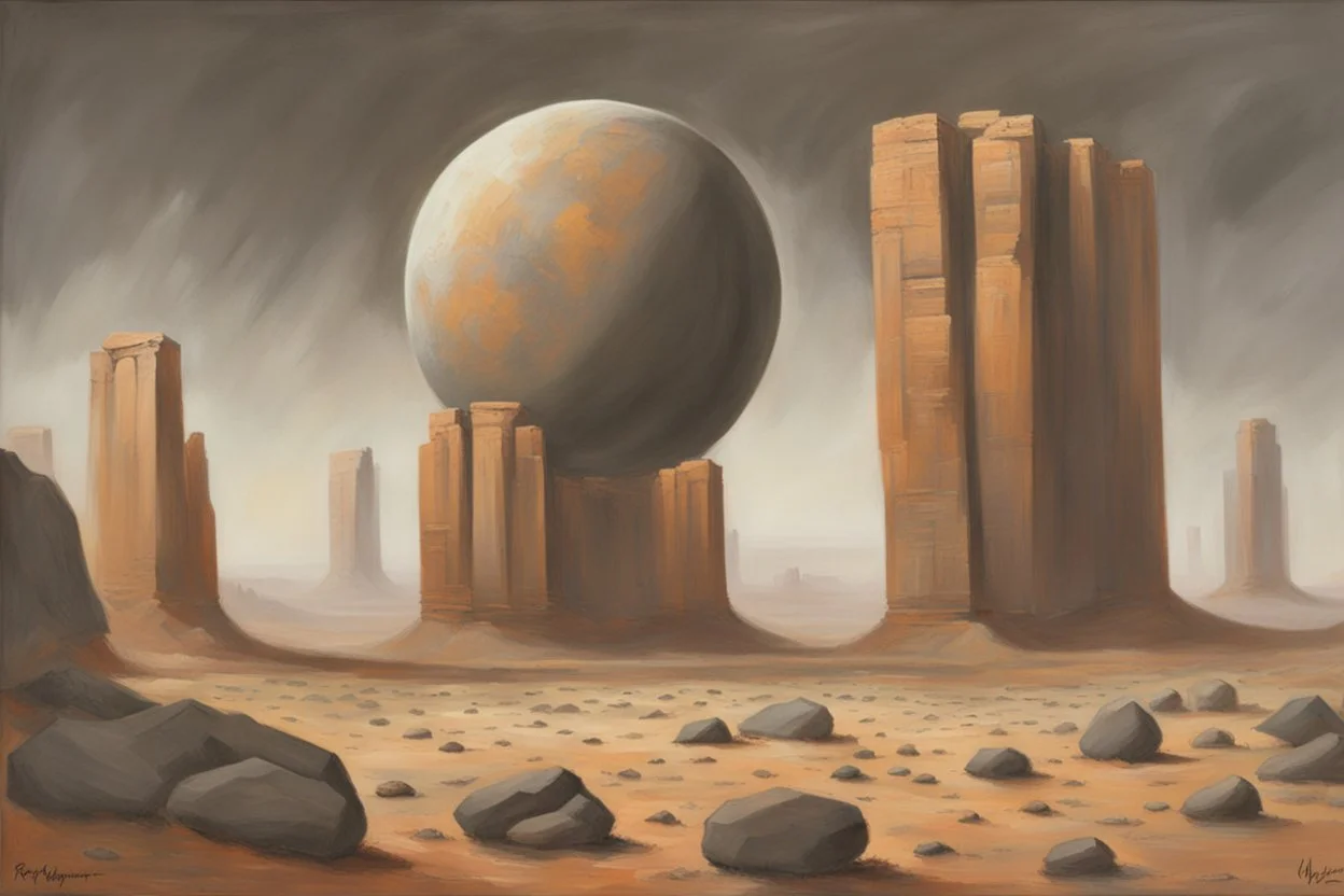 Grey sky, planet in the sky, rocks, cliffs, sci-fi, rocky arid land, 90's sci-fi movies influence, rodolphe wytsman and friedrich eckenfelder impressionism paintings