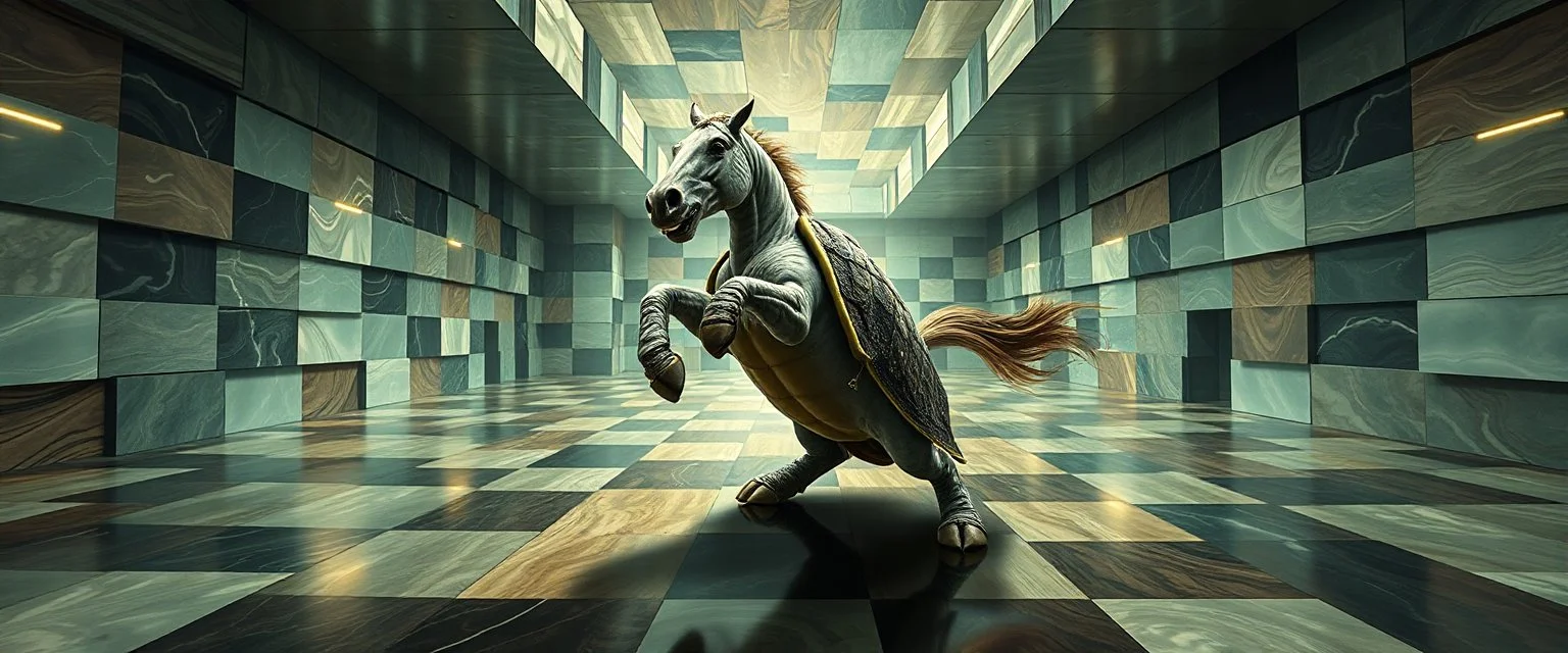 pin hole cam , master oil painting by Rembrandt, volume fog lights in reflective marble madness opera jumping turtle horse character portrait, a living bowling marble halls with slightly tilted floor in a twisted block maze, scenery from the game "marble madness", crystal birds, the floor betrays, the walls collide