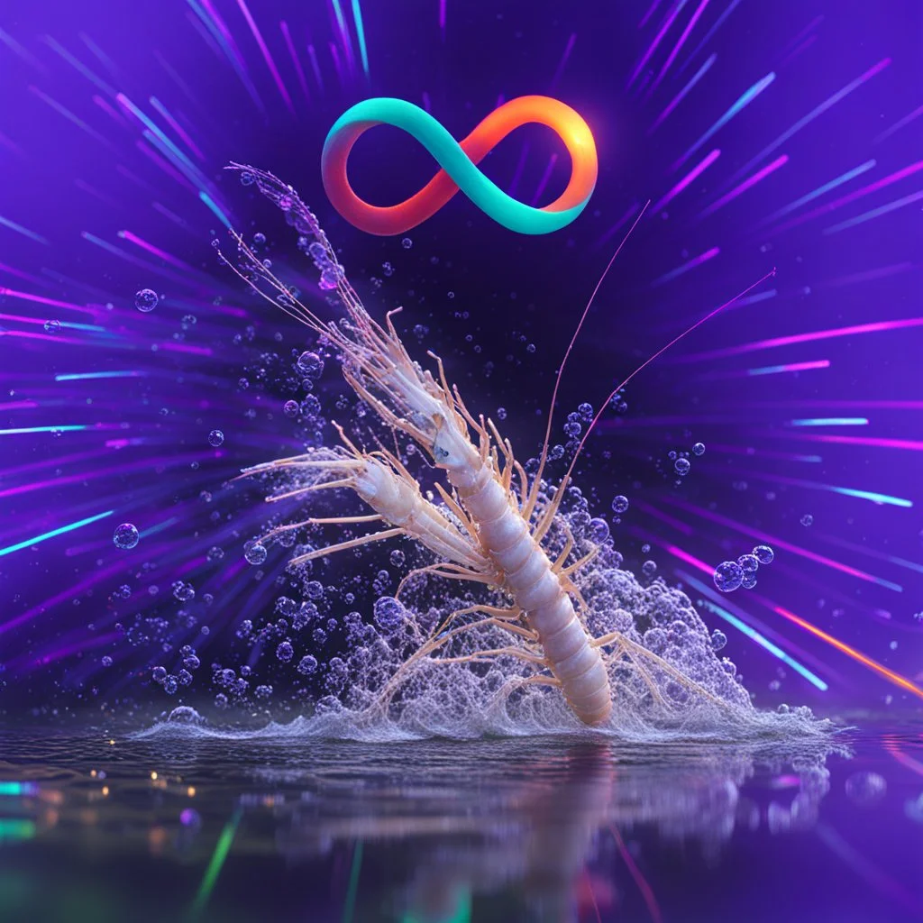 infinity symbol ∞ with vibrant powerful shrimp coming out of the water, striking, neon, chiaroscuro, dramatic, captivating, powerful, fantasy, beautiful, octane render, 16k post-production, artstation: award-winning: atmospheric: commanding: fantastical: clarity: ultra quality: striking: brilliance: stunning colors: amazing depth; lens: f/11, 35mm