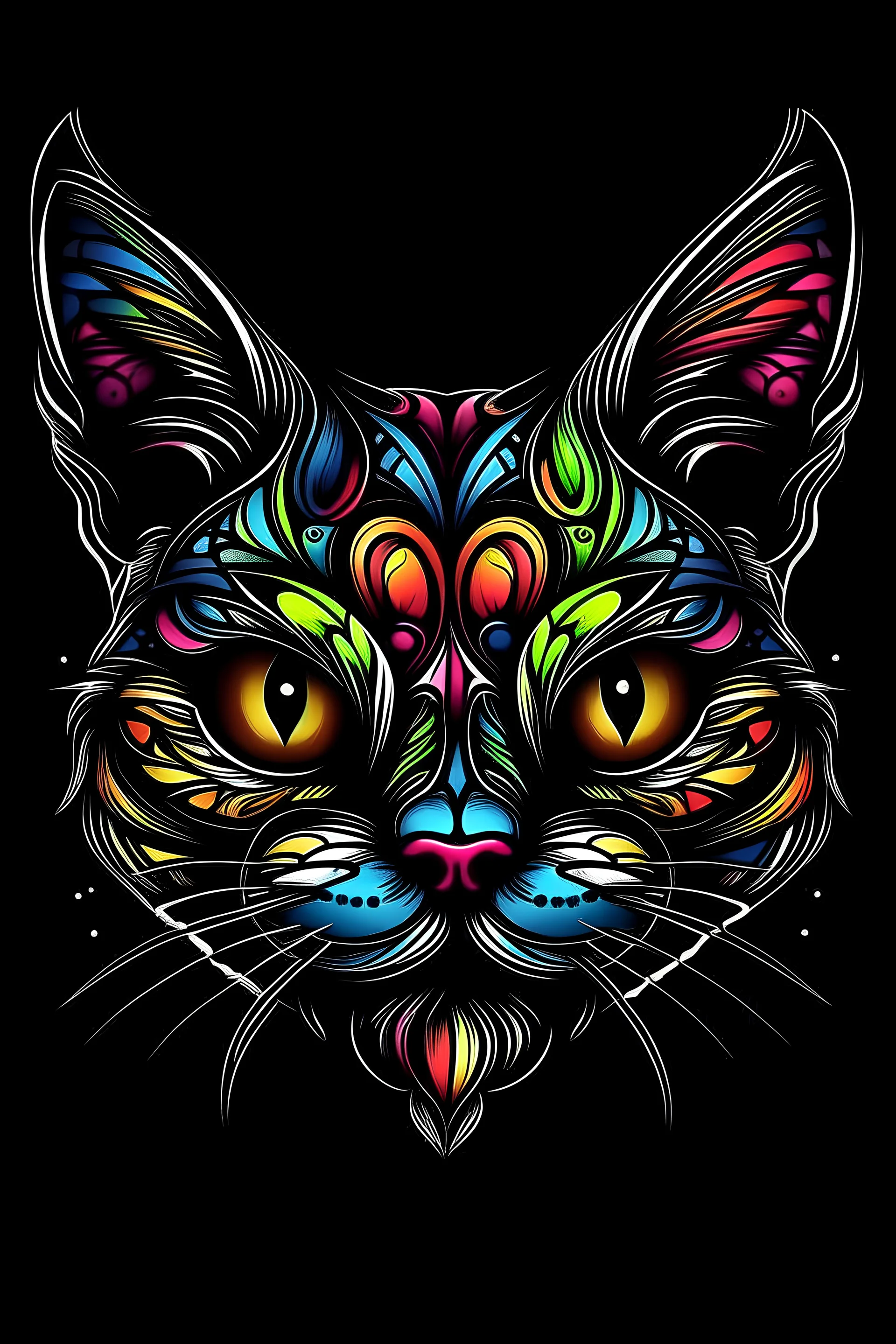 cat face Tattoo design, with vibrant color, black bg