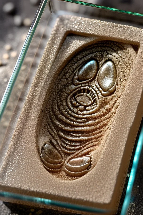 an alien's close up footprint lodged within sand in a neat, square display glass box, "Alien" engraved on small metal plate outside of the box, realistic and highly detailed, 8k