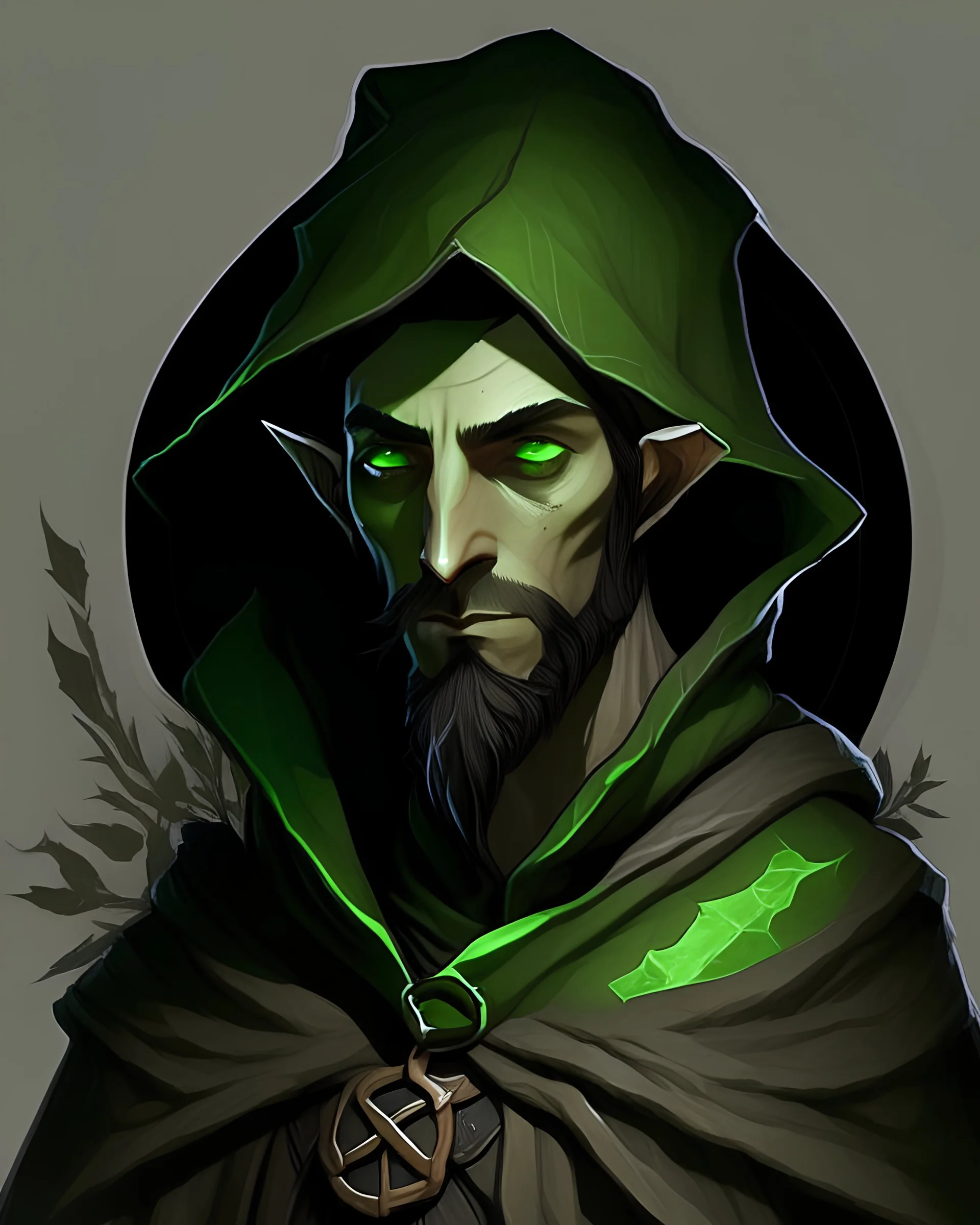 Bronin is a younger wood elf. He is very stoic. He has slightly tanned skin. He has a black beard. His left eye is gone and is replaced with a green sphere that glows a bright green. He wears very basic black robes. His black hood goes over his head. He has a black cape. His left arm has a green spiraling tattoo and a black arm wrap around his hand and forearm. his right arm is missing and has been replaced with a wooden prosthetic. The arm looks like the branch of a tree.