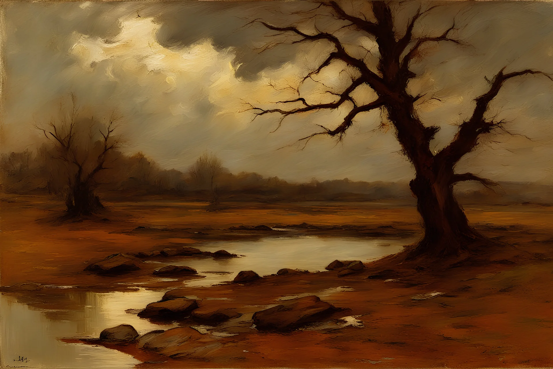 Clouds, Rocks, dry trees, branches, little puddles, lesser ury impressionisn painting