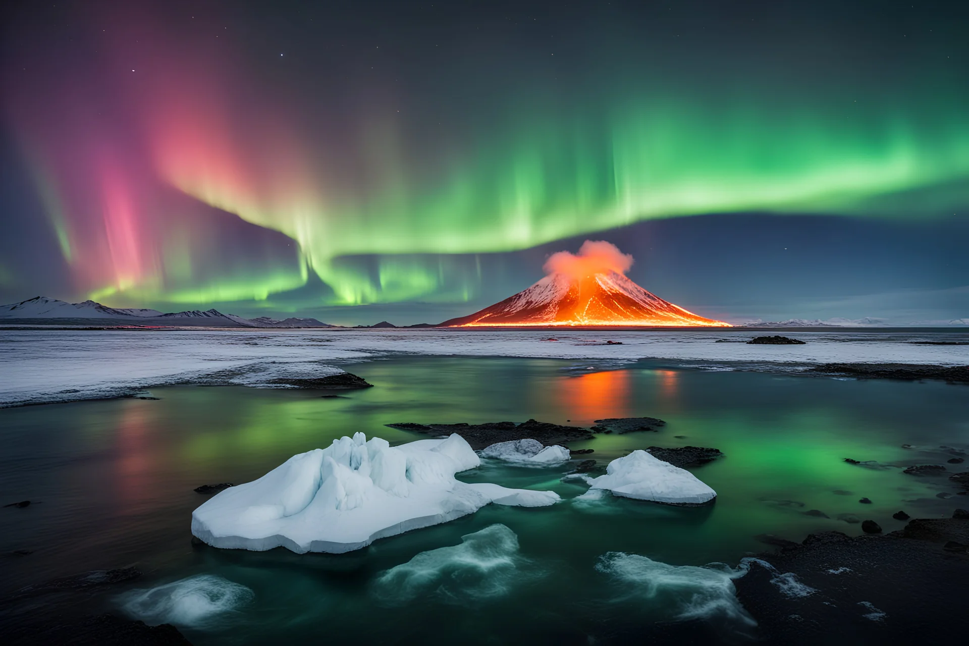 Icelandic landscape with a big volcano on Fire, 1 little iceberg on the sea, and northern lights. Also, put a big cruise boat in the middle of the image