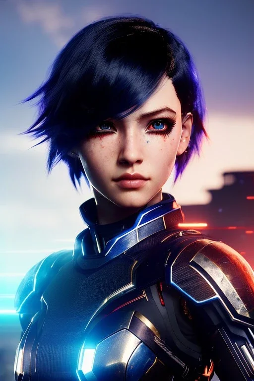 Cyborg anime warrior, dark blue hair, short and messy hairstyle, blue eyes, waist up portrait, 8k resolution, intricate details, ornate details, soft lighting, vibrant colors, retroanime, masterpiece, intricate eyeliner, dark eyeshadow, eyes, intricate tattoos, futuristic cityscape background
