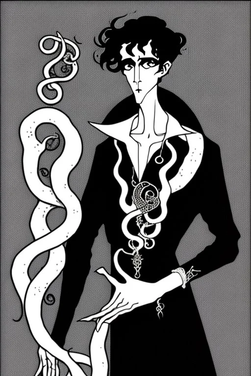 black haired young man necromancer wizard with gothic jewelry and tentacle fingers in the style of Aubrey Beardsley