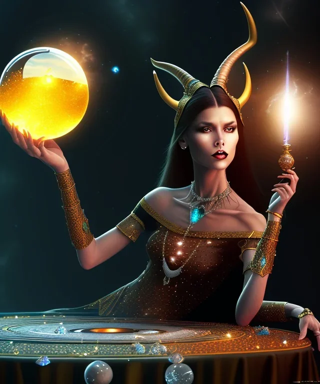 A dark female entity with horns sitting down on her thron looking into a small crystal ball on a table, fantasy, realistic,