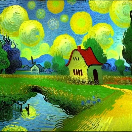 Dibujo al oleo de una pradera con una casa y un rio con patos con muchas nubes de colores estilo Vincent van Gogh