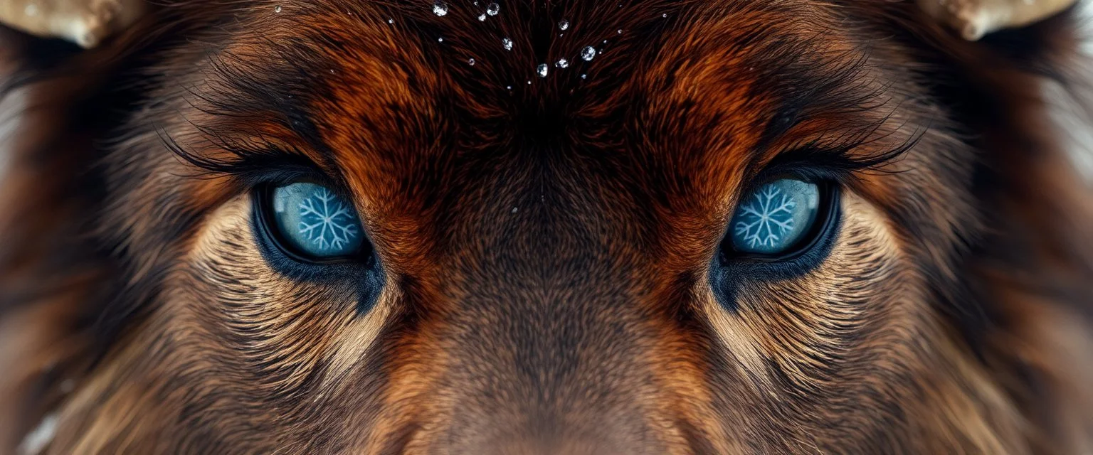 full figure of creature with eyes of hound bison reindeer yoga man with the snow flake pattern in the pupils