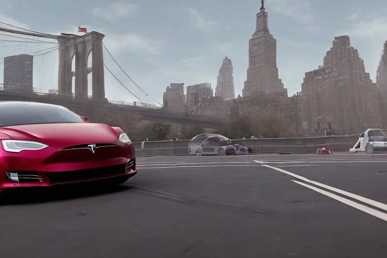 A Tesla 'Model 3' is drifting at top speed, near the 'Statue of Liberty' in New York. CINEMATIC. WIDE ANGLE LENS. PHOTO REAL.