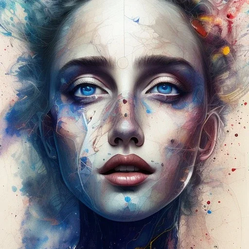 singer Danish MØ face, watercolor illustration by <agnes cecile> <Jackson Pollock>, darkblue tones,intricate detail , soft smooth lighting, soft pastel colors,Danish singer MØ face, Abstract Yoji Shinkawa, red tones,