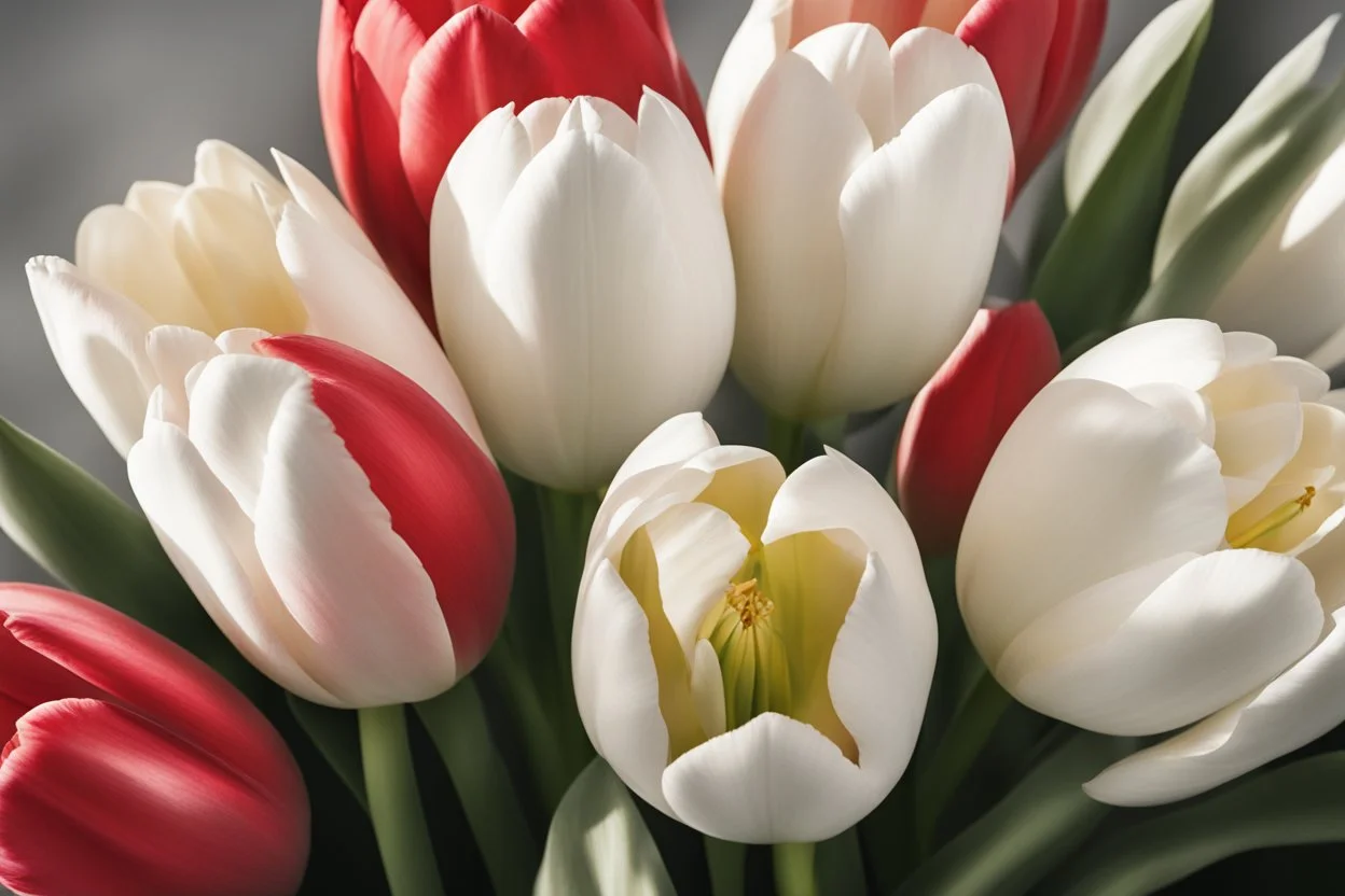 photorealistic 4 red tulips above and 2 white tulips down in a bouquet, soft lighting, sharp focus, rough edges in sunshine