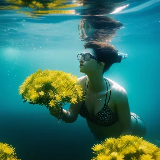 eva and adam underwater with yellow flowers for hair, closed eyes, rtx, reflection, 8k, glow, winning photography, caustics