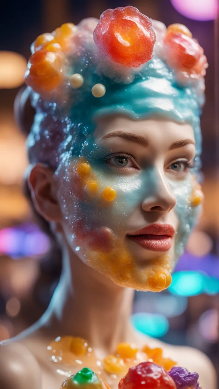 portrait of cute woman with jelly mask , baker of the highest many storied advanced art cake sculpture during a casino game show, bokeh like f/0.8, tilt-shift lens 8k, high detail, smooth render, down-light, unreal engine, prize winning