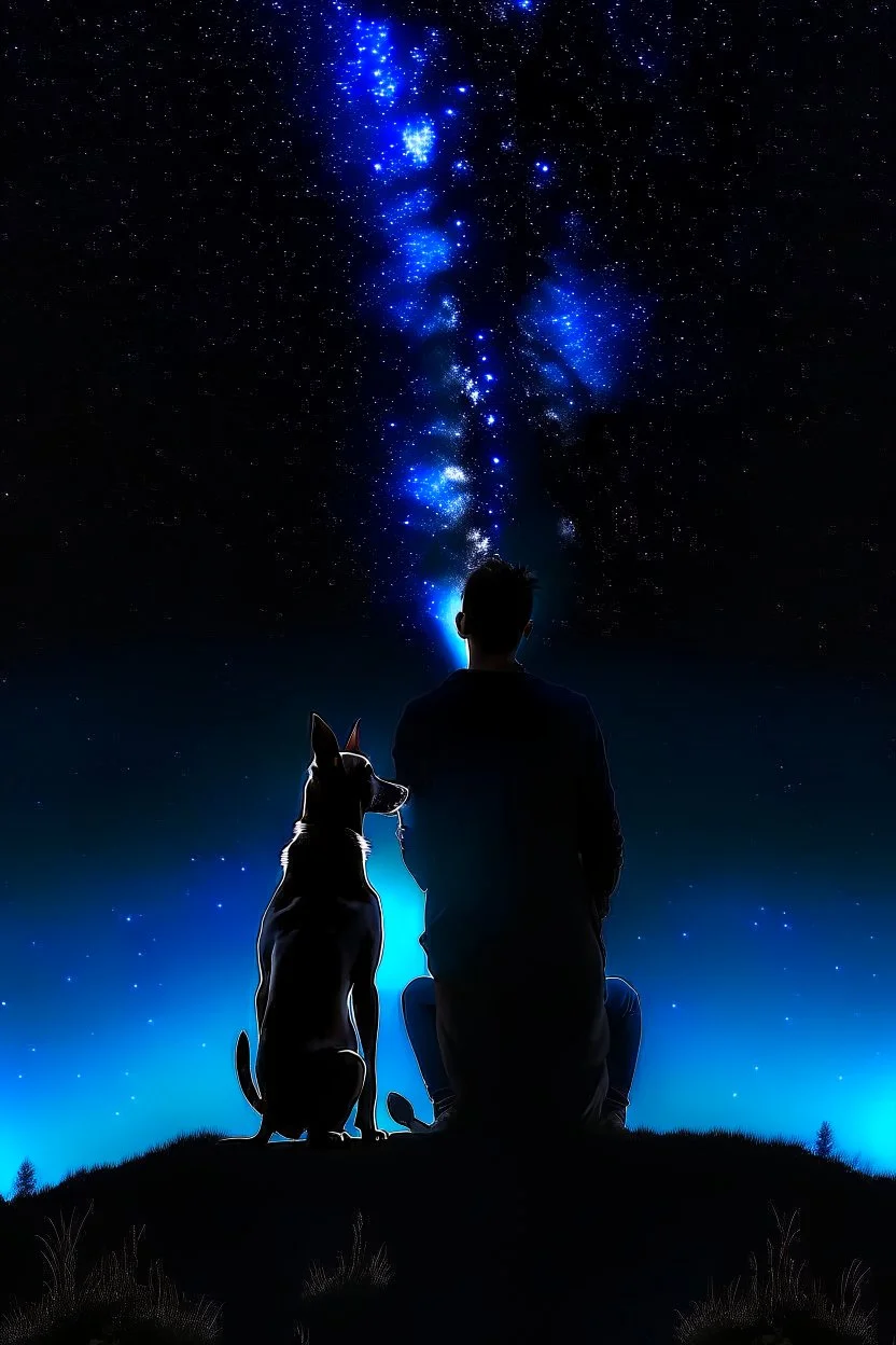 Black background on a mountaintop. A silhouette of a fit human man and a silhouette of a fit human woman sitting close to each other, looking at the stars. A Belgian malinois is in the photo behind the woman and the man.