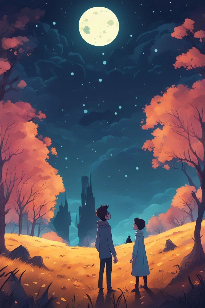 a non-binary person looking up to a tall ethereal person in a pasture at night during fall cartoon style