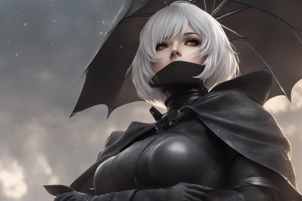 Hot 2B with whit eye in 8k nier automata artstyle, 2B them, 2B Custom, close picture, rain, fantasy world, intricate details, highly detailed, high details, detailed portrait, masterpiece,ultra detailed, ultra quality