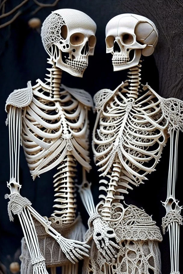 Celebrity skeleton couple dressed in intricately detailed designer suits made from macrame and quilling found in nature.