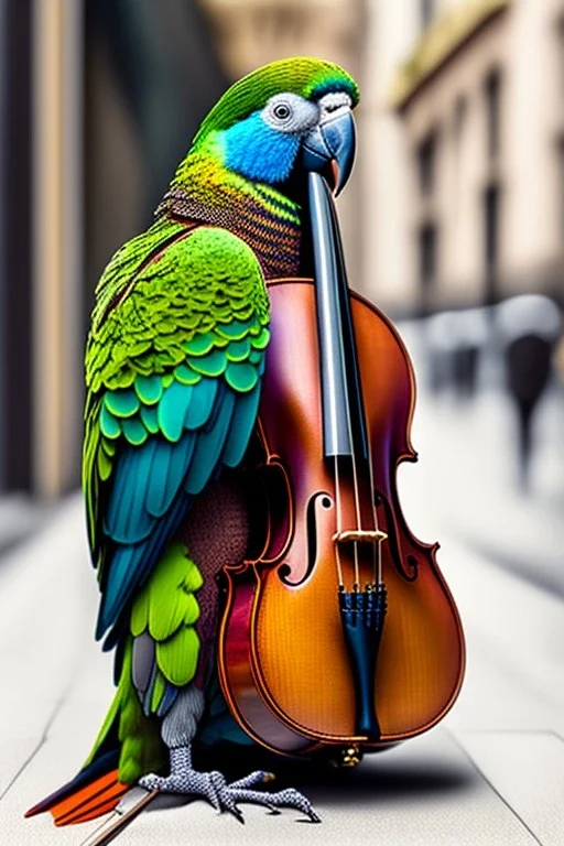 One single mature parrot, sleeping in a corner on the street, violin case, Vienna, model style, hyper realistic, extremely accurate, delicate, extremely detailed, Graphic novel style, wide-angle, open aperture, superfine pencil